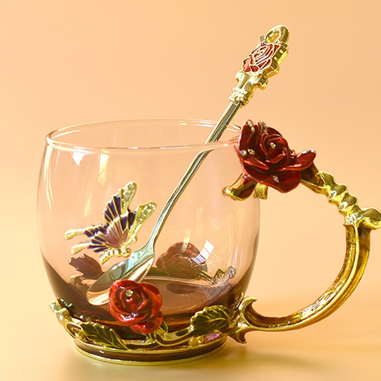巴迪曼珐琅彩水杯欧式高档玫瑰花玻璃杯