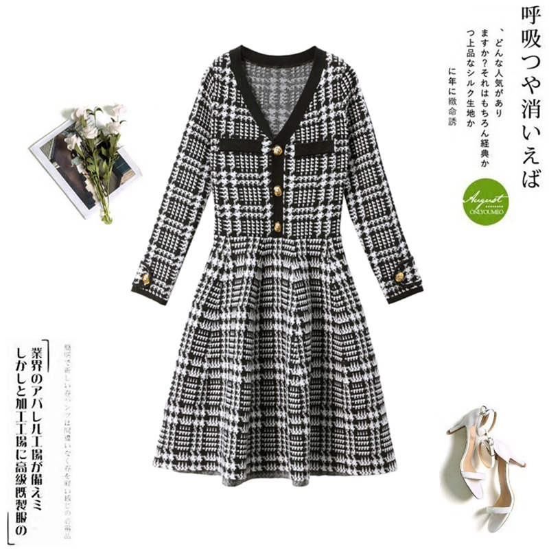 Váy dài cổ chữ V 2018 thu đông của phụ nữ mới houndstooth eo eo đã mỏng Hepburn retro tình yêu đầu tiên đầm thắt eo