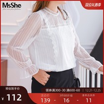 MsShe large size womens 2021 new fat sister Autumn Palace style lace stand neck sexy top lace shirt