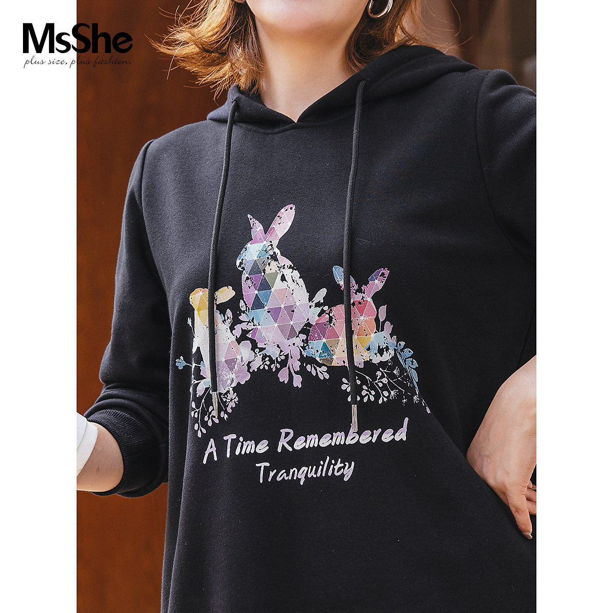 (Plus velvet) MsShe large size women's fat mm sweater skirt glitter rabbit print knit dress autumn and winter