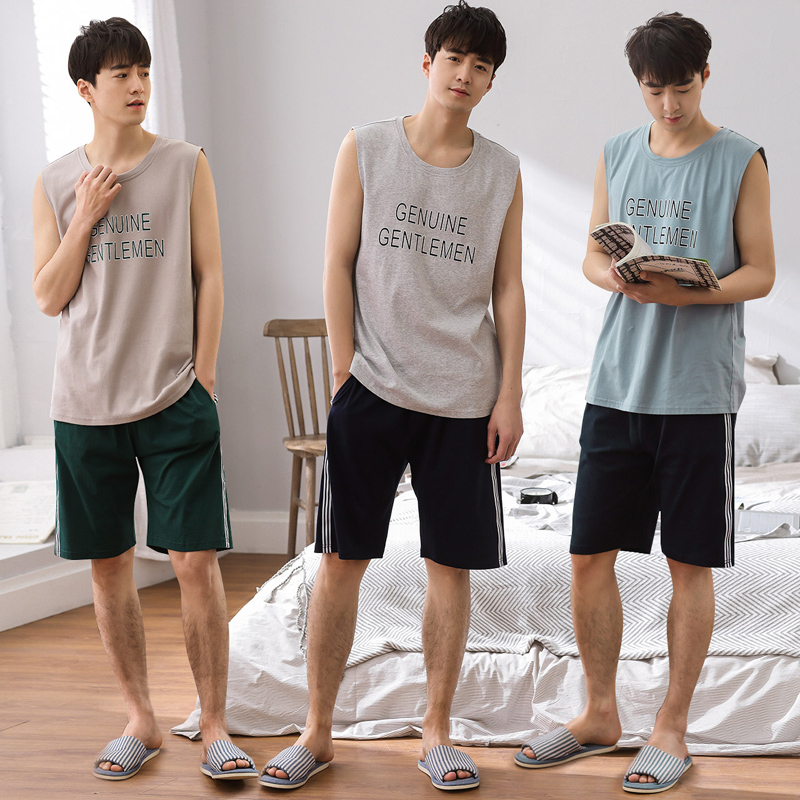 Sleepwear men's summer pure cotton sleeveless vest shorts male style summer two sets of thin summer men's home suits suit