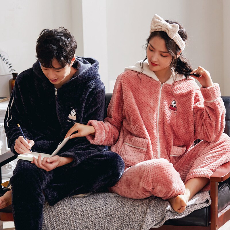 Couple pajamas autumn and winter coral velvet with hat zipper homewear suit men and women plus velvet simple cartoon