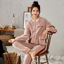 Coral velvet pajamas womens autumn and winter thickened velvet fashion spring and autumn flannel home clothes Womens suit can be worn outside