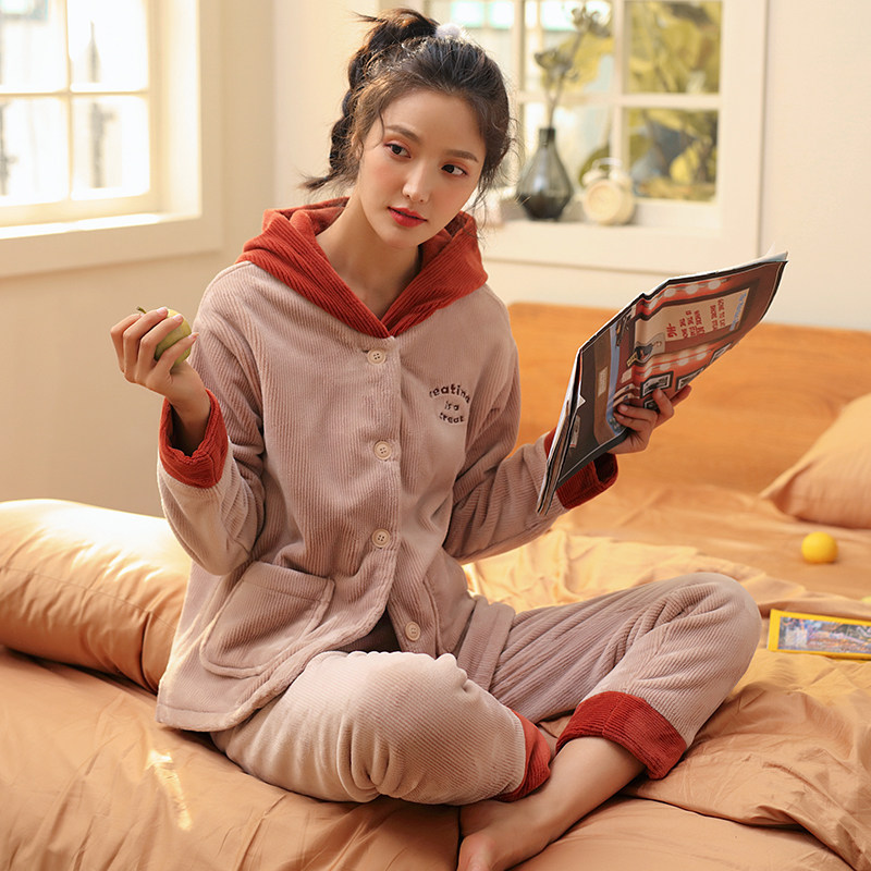 Multi-Latin American pyjamas women's winter thickened and gushed coral suede home for autumn and winter even hats two-piece suit flannel