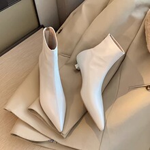 Ankle and Heel Boots 2024 Cat Slim Women's Rice and Head Naked Boots High Heel Shoes Genuine Leather Hong Kong Spring and Autumn White Heel Short Boots Tip