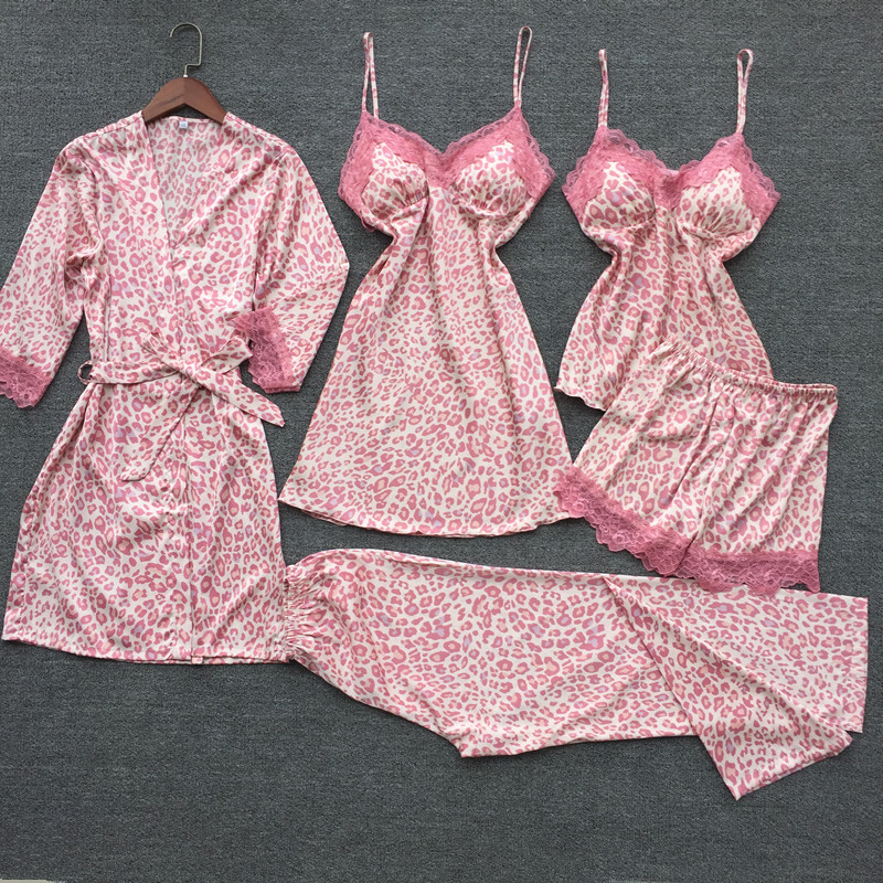 Pajamas summer women's sexy spring and autumn ice silk hanging trousers thin section with chest pad robe passion BAO WEN five-piece home service