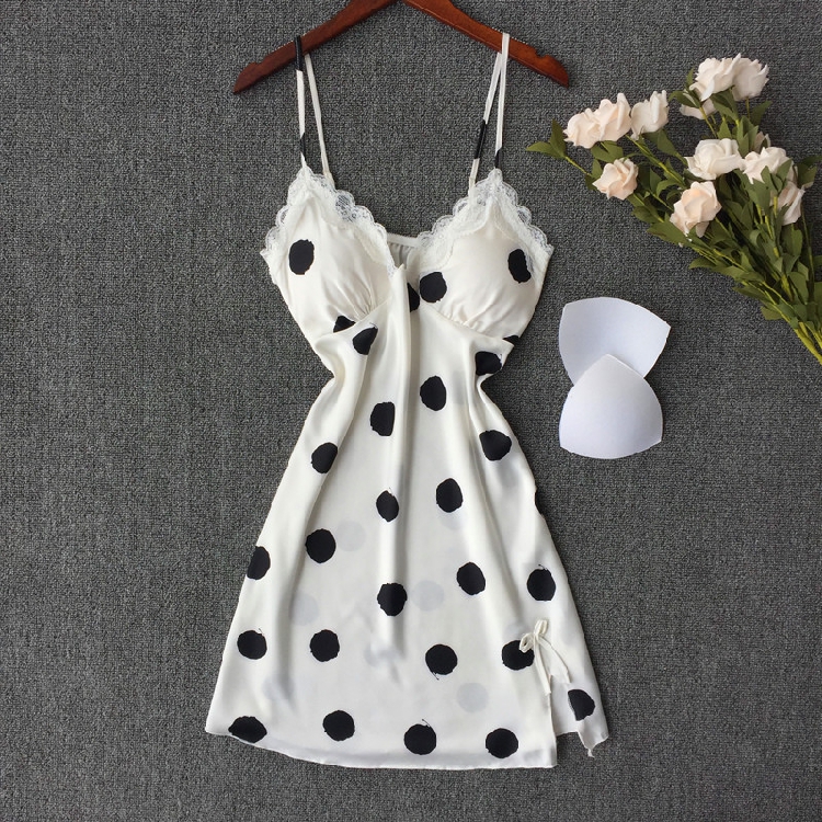 Sexy Sleepwear Woman Summer Ice Silk Sleeping Skirt Big Wave Dot Harnesses White Thin Short with chest cushion lace cute short skirt-Taobao