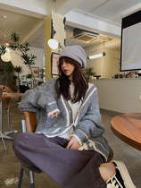 Small Read Custom Grey Sweater Jacket Woman Autumn Winter New Loose Korean version Lazy Wind Retro Knitted Cardiovert Blouse