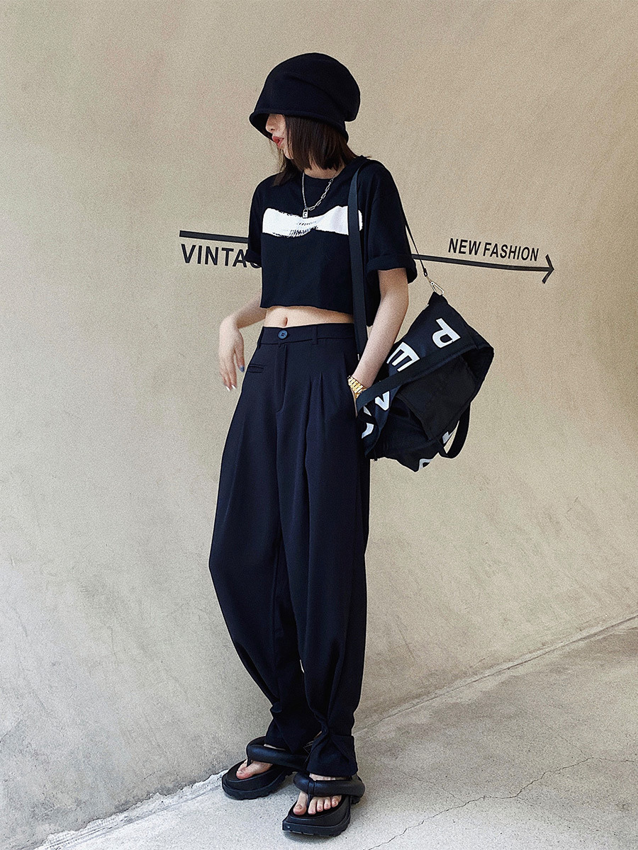 Xiao Nian custom high waist button design black suit pants women's summer thin hanging thin straight pants tide
