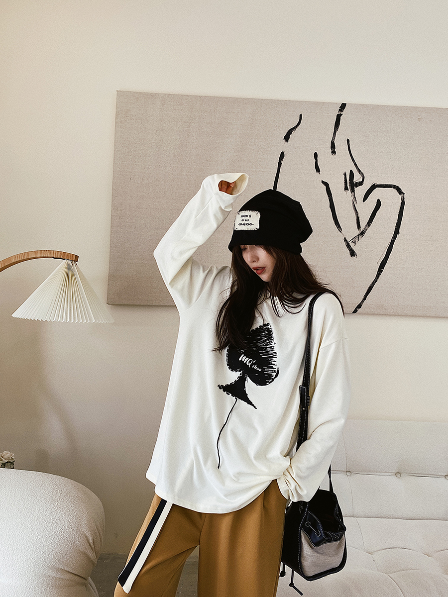 Xiao Nian Custom White Long Sleeve T-Shirt Women's 2021 Fall/Winter New Loose Sanding Printed Interior Backing Shirt Top