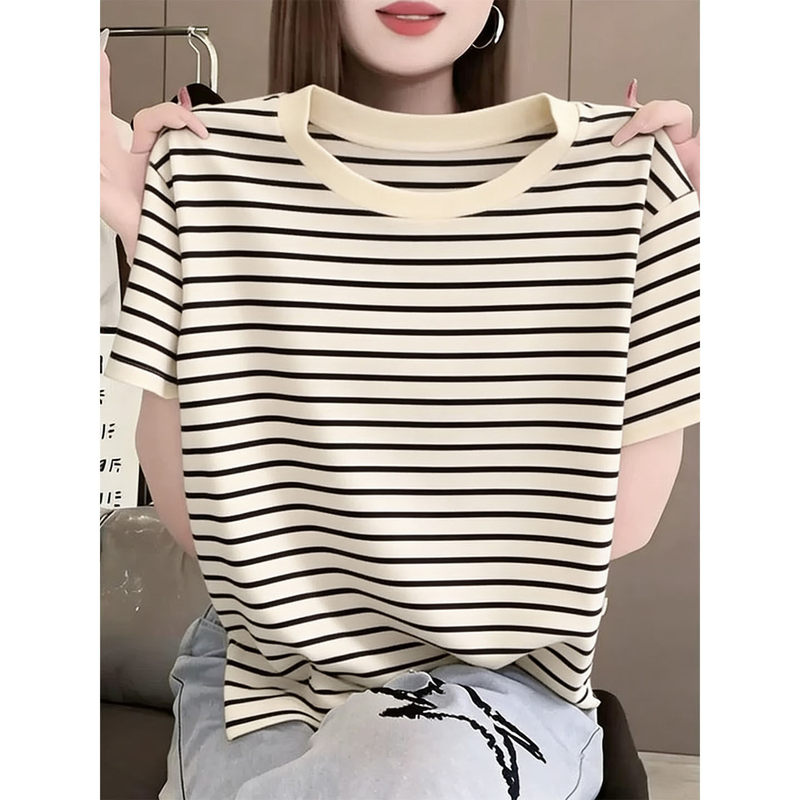 Korean 2026 New Style Regular Shoulder Round Neck Striped Short-Sleeve T-Shirt for Women, Fashionable and Unique Design Top for Summer Korean 2026 New Style Regular Shoulder Round Neck Striped Short-Sleeve T-Shirt for Women, Fashionable and Unique Design Top for Summer