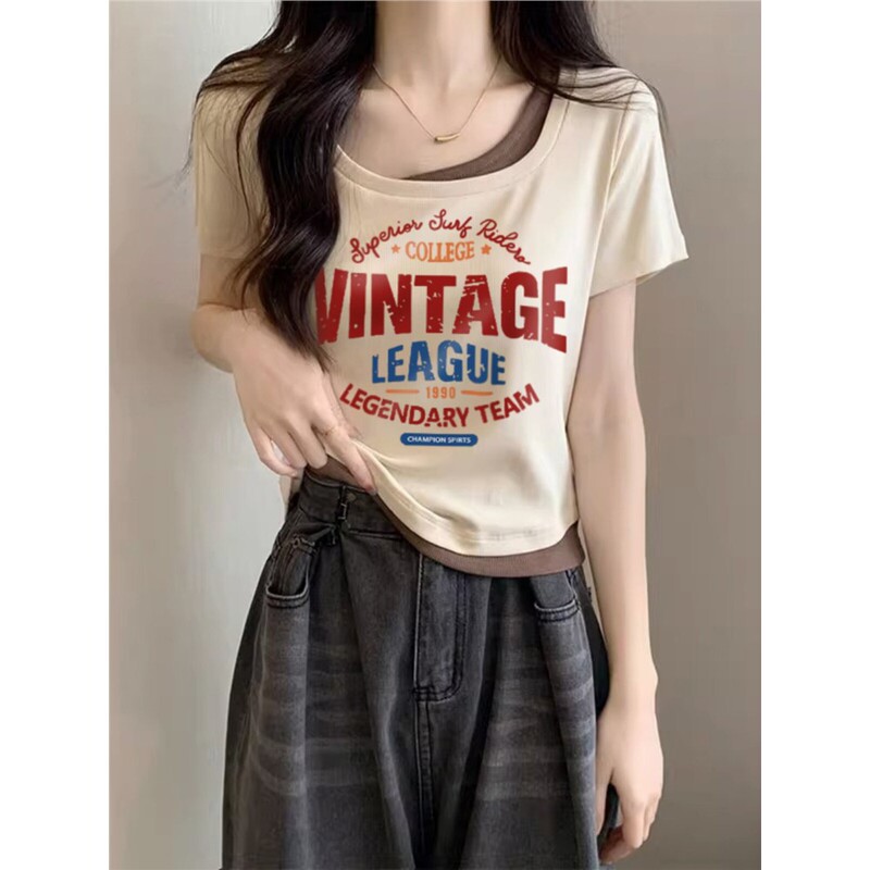 Korean Fake Two-Piece Top for Women, Fashionable and Stylish with Patchwork Design, Sweet and Spicy Style T-Shirt ins Trendy Slim-Fit Short-Sleeve Summer