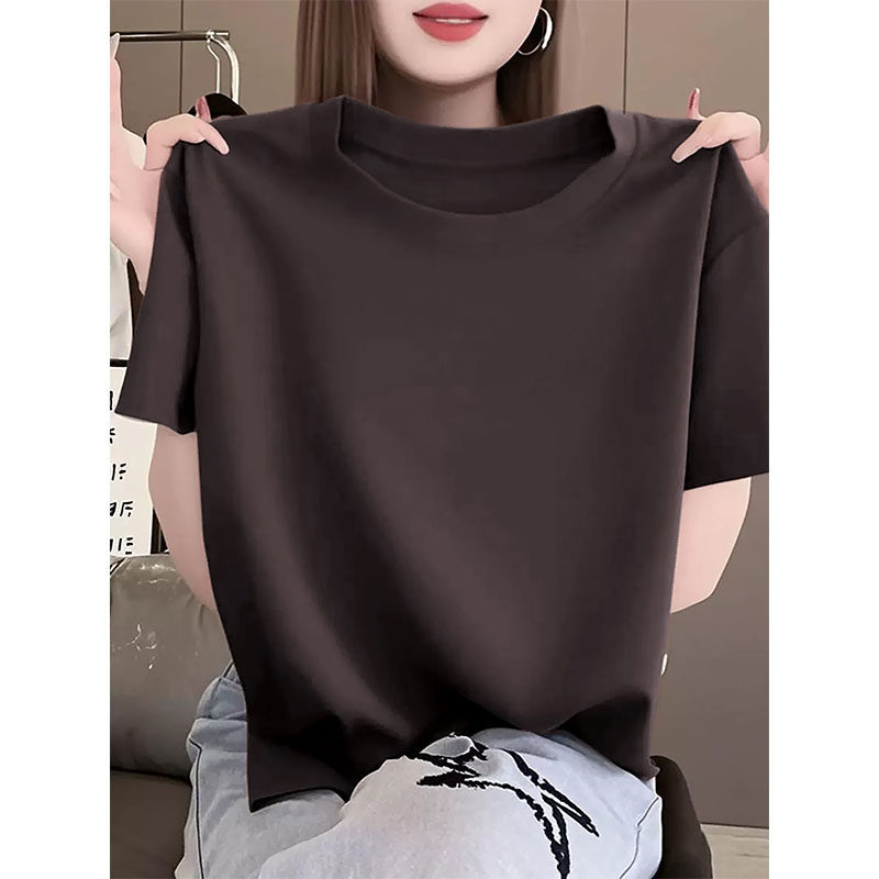 Korean 2026 New Style Women's T-Shirt with Regular Shoulders, Short Sleeves, Fashionable Casual Slim-Fit Coffee-Colored Basic Top