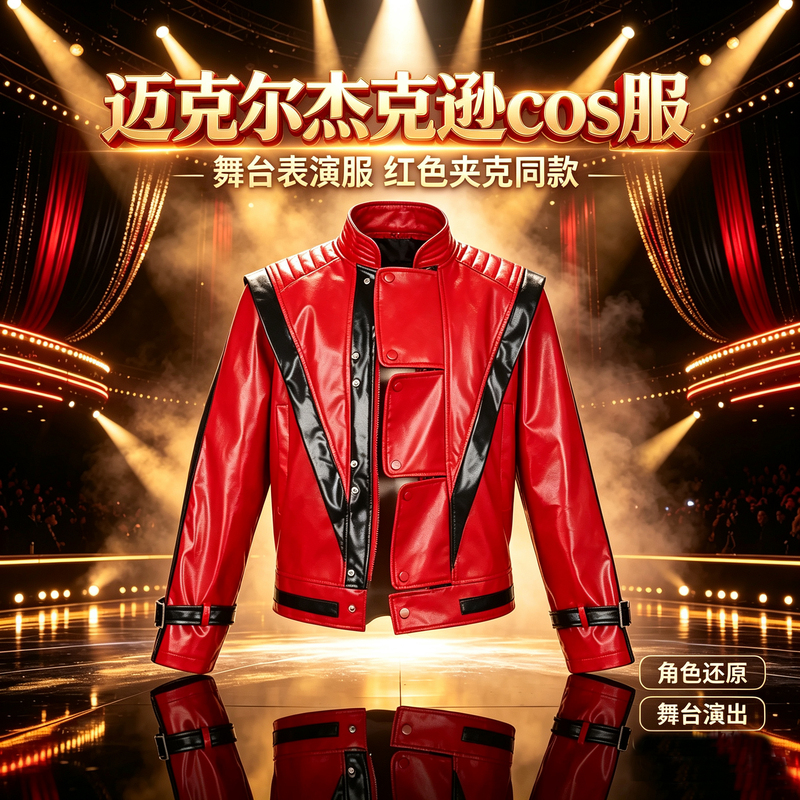 Michael Jackson Cosplay Costume Stage Performance Outfit Red and White Jacket Baseball Uniform Leather Jacket Cosplay Performance Costume