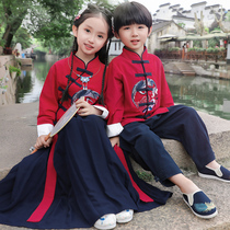 Kindergarten childrens clothing spring and autumn clothing two pieces of red cotton chorus performance dress Primary School students retro National style Hanfu