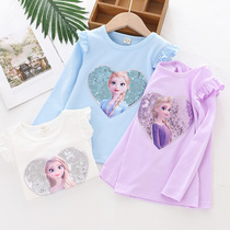 Girl Fly Cuff Long Sleeve T-shirt Mid-Child Spring Fall Beat Undershirt Child Pure Cotton Foreign Air Bright Sheet Compassionate Blouse