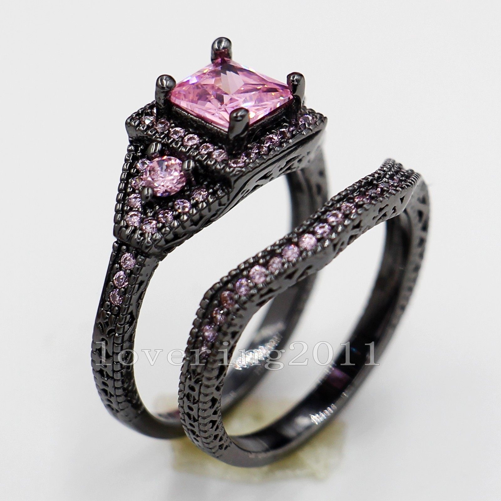 Vintage 6mm Multi Gemstones 10KT Black Gold Filled Wedding Ring Set Sz