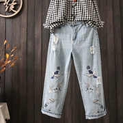 Tranh tiếp tục nguyên bản Quần jeans thêu 2018 mùa thu mới lửng lỗ cũ mặc quần âu