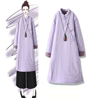 Tranh tiếp tục nguyên bản theo phong cách dân tộc cổ điển đứng cổ áo cotton và vải lanh tấm vải nỉ có khóa dày áo dài 2018 phụ nữ mùa đông áo khoác phao nữ hàn quốc
