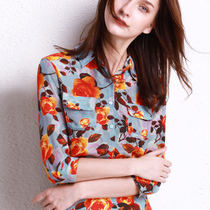 U N Q French romantic printing fashion loose mulberry silk classic seven-point sleeve temperament silk shirt top for women