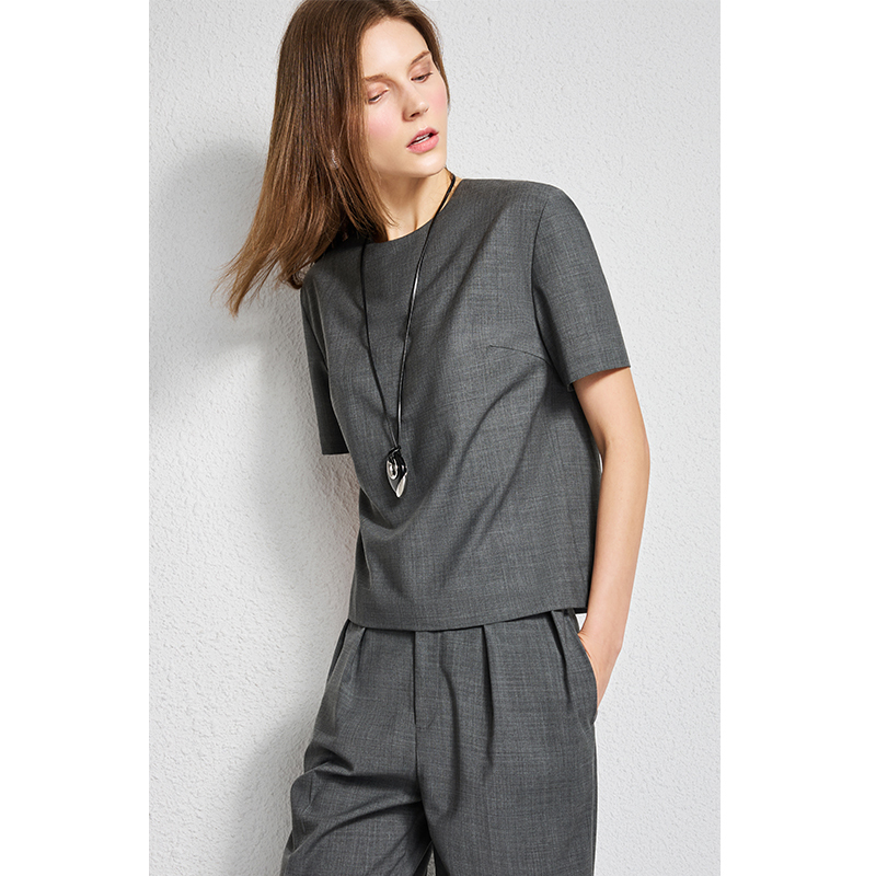 U.N.Q Light Commuter Style Ultra-Fine High-Count Worsted Mercerized Wool Crew Neck Top Solid Color Loose Casual T-Shirt Summer