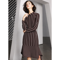 U N Q France small crowdsourced 100% pure mountain cashmere Lean Temperament long Collision Color Striped Knit Dress Woman
