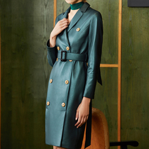 U N Q design elegant pearl green non-coated sheep leather suit collar slim double-breasted leather dress women