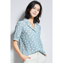 U N Q Fa Style Retro Wave Dot Printed Heavy Pound Sand Wash Real Silk Double Crepe Suit Collar Shirt Mulberry Silk Blouse Women