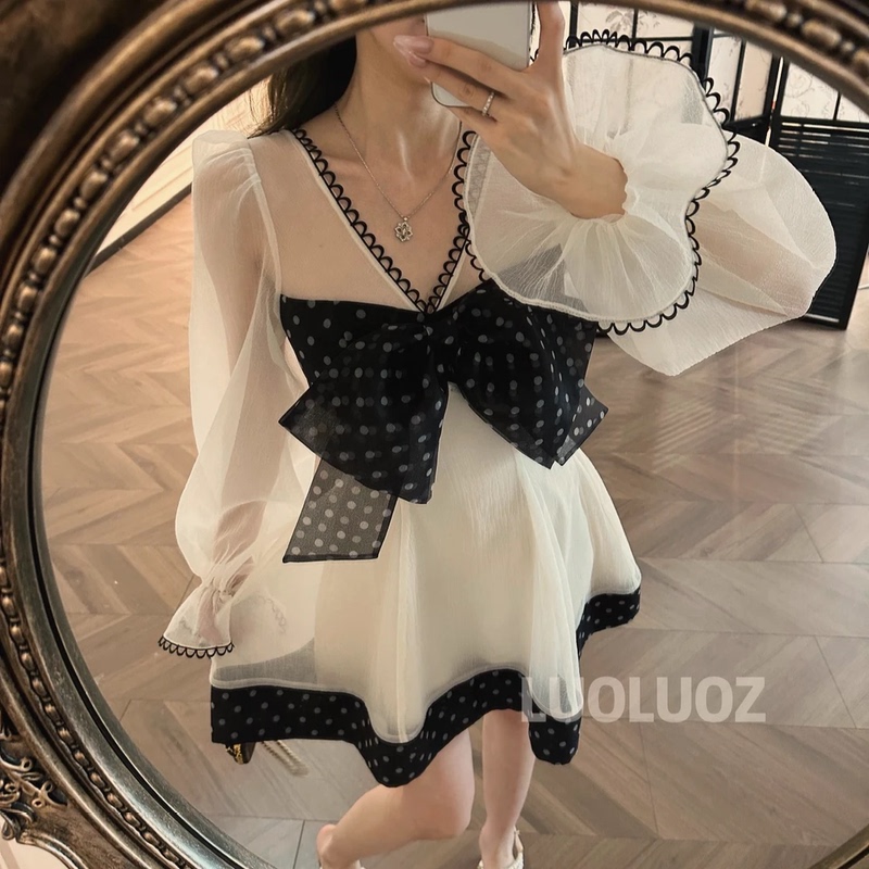 Luoluoz【White Dress with Black Butterflies】French Retro Polka Dot Patchwork Dress with Super Fairy-Like Bow and Puffy Short Skirt