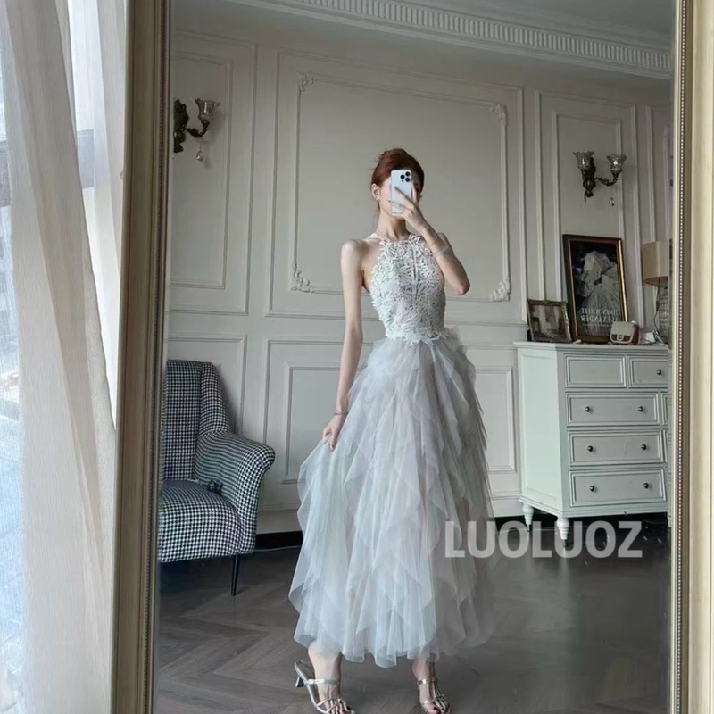 Luoluoz【Vintage Ballet】Halter Neck Lace Mesh Dress Women's Fairy-Like Long Gown Jf1546