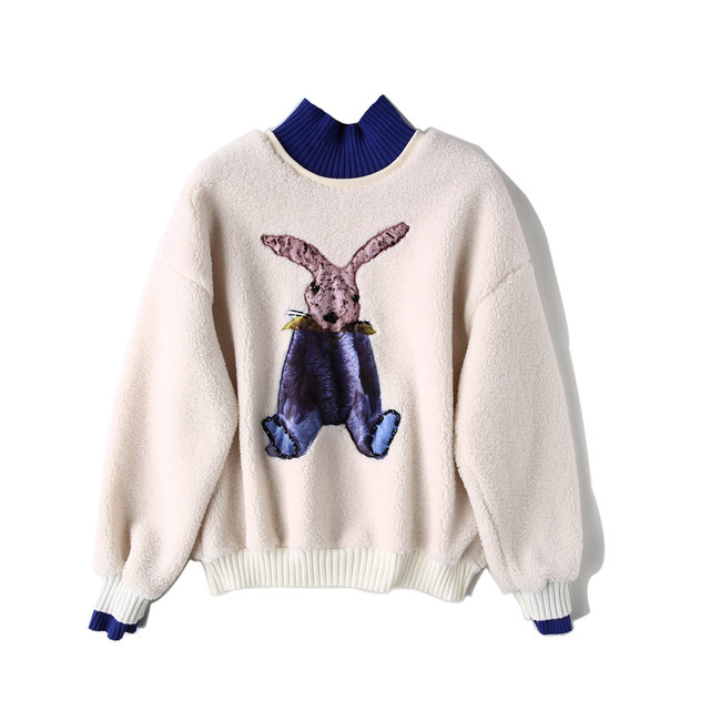 Women's lambswool sweatshirt loose Korean version plus velvet autumn and winter pullover European and American Peter Rabbit beaded velvet sweater student short coat