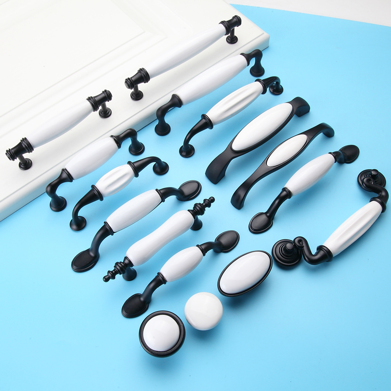 Black and white ceramic handle pastoral European overall cabinet wardrobe black handle Simple drawer white round handle