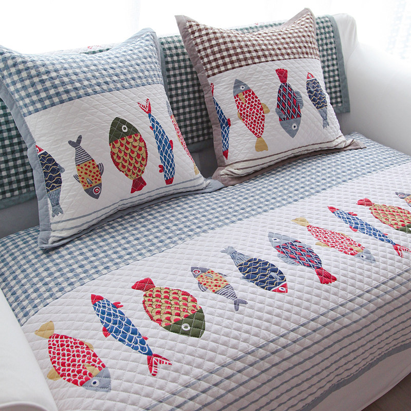 Nice fish pure cotton cloth Sofa Cushion Day Style Washed Cotton Plaid Sofa Cover Towel Cushion Cartoon Floating Window Cushion Ground Mat