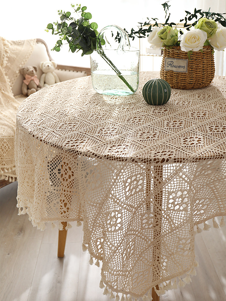 Pastoral lace Crochet cotton tablecloth Hollow tassel lace Dining table coffee table multi-function cover towel cover cloth customization