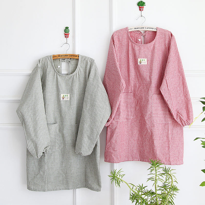 Long sleeves cotton plaid apron belt pocket Korean version simple kitchen stain resistant adult anti-dress apron home blouse