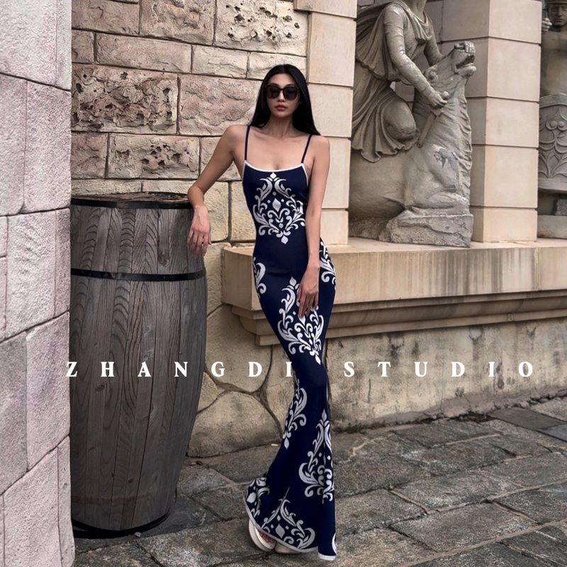 Summer Elegant Chinese-Style Blue and White Long Straight Dress, Vintage Slim-Fit Knitted Jacquard Long Dress for Women