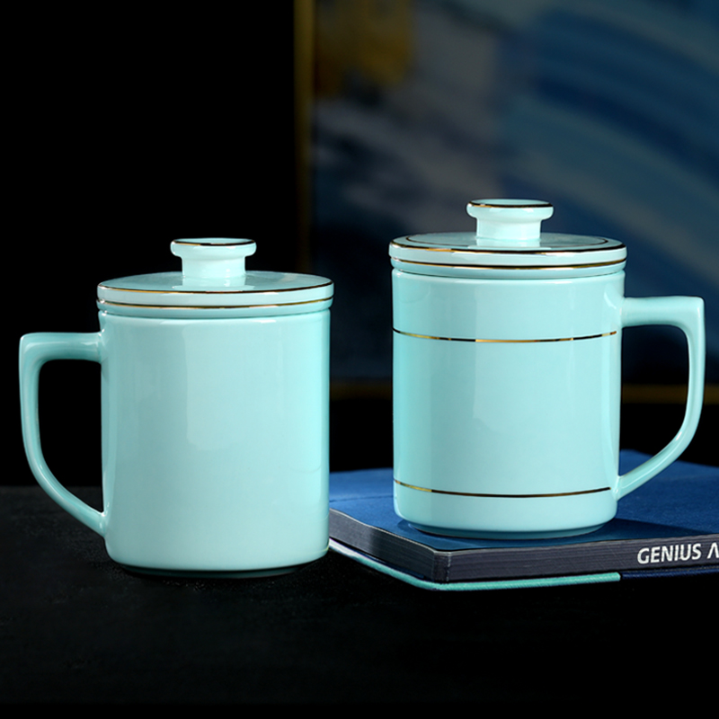 Jingdezhen filter ceramic teacup with cover celadon cup men and women household tea separation mug liner water cup