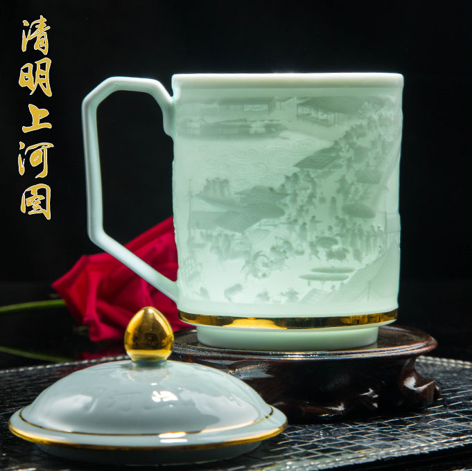 Gift Porcelain Engraving Qingming Upper River Map Green Glazed Ceramic Tea Cup With Cover Office Cup Home Water Cup Jingdezhen-Taobao