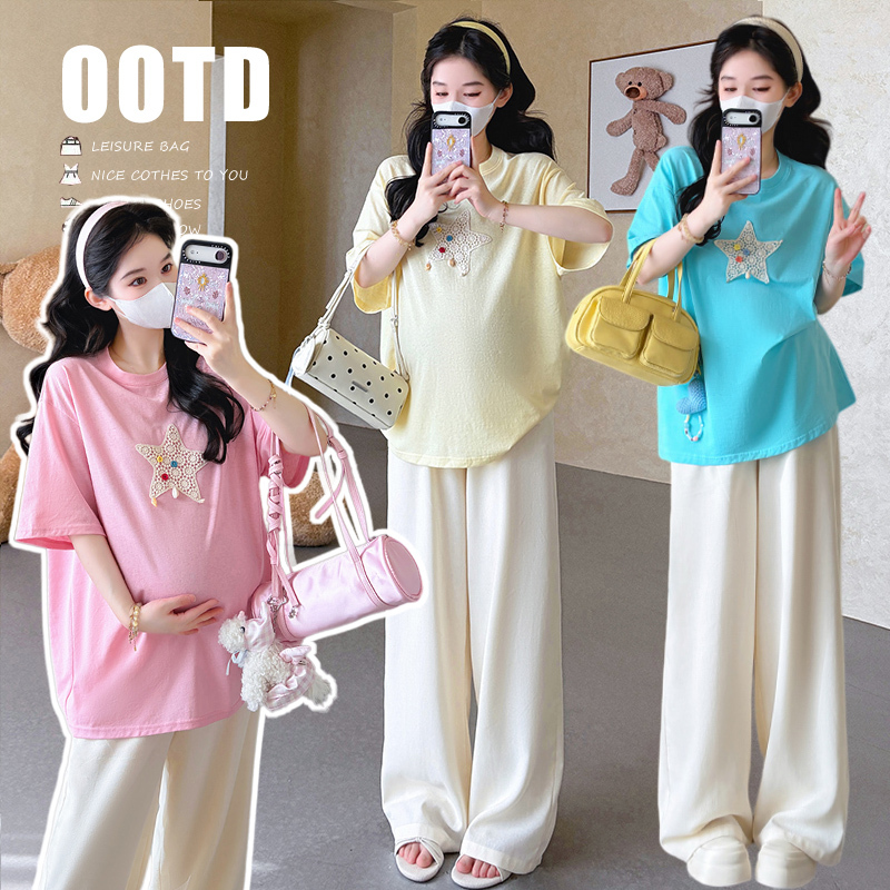 New Summer Outfit for Pregnant Women: Loose-Fitting Short-Sleeve T-Shirt Top and Straight Wide-Leg Pants Two-Piece Set New Summer Outfit for Pregnant Women: Loose-Fitting Short-Sleeve T-Shirt Top and Straight Wide-Leg Pants Two-Piece Set
