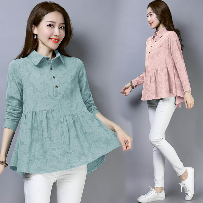 Pregnant woman blouses spring and autumn covered with long sleeves Fashion loose large size, fat mm cotton linen shirt with late clothes