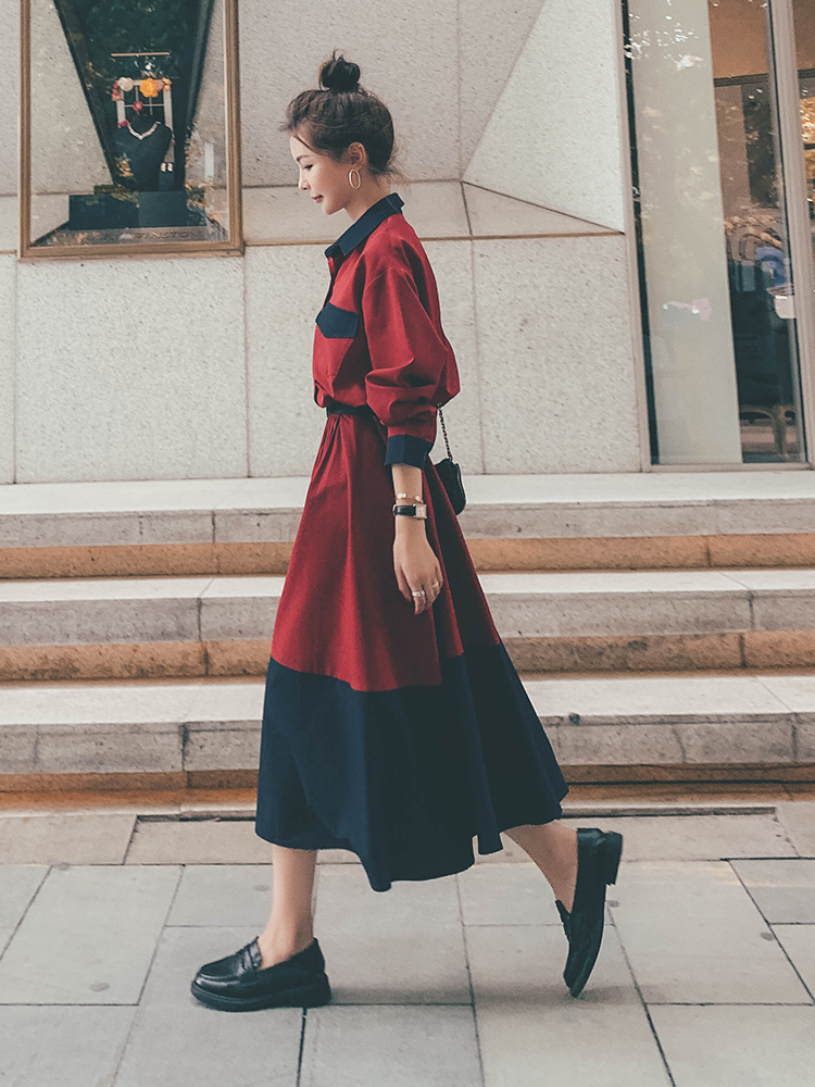 Lecea Alice Wine Red Splicing Tandem Dress Dress 2023 Fall New Cashew Slim High Waist Shirt Skirt-Taobao