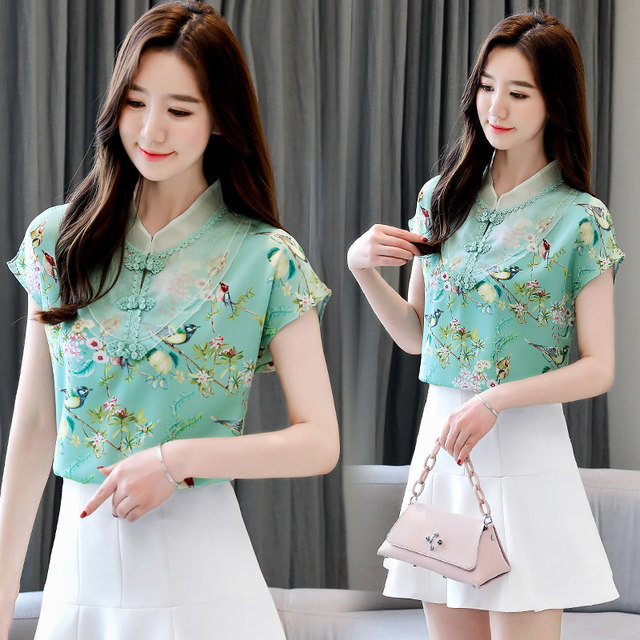 Clearance Korean summer dress Chinese style retro buttoned organza spliced ​​​​small stand-up collar printed short-sleeved chiffon shirt