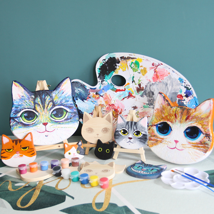 Exclusive Creative Cat Heads Solid Wood Drawing Board Hand-painted Wooden Boards Children DIY painted material Pigment Pets Customised