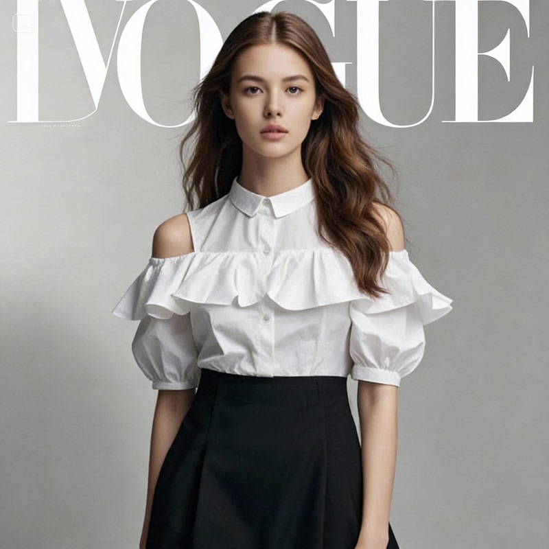 Off-Shoulder Ruffled Short-Sleeved Shirt for Women, Puff-Sleeved Pure Cotton Top, White Slim-Fitting Short Women's Shirt