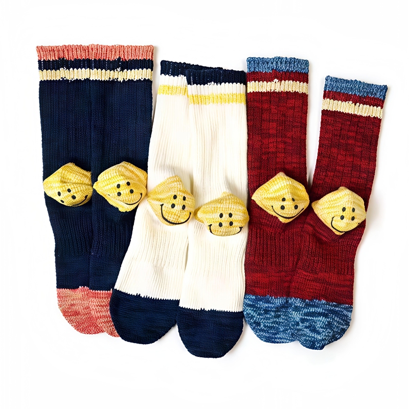 In Stock Kapital Hirata Kazuhiro Japanese-Made Unisex Ivy League High-Top Color-Blocked Smiley Face Cotton and Linen Socks In Stock Kapital Hirata Kazuhiro Japanese-Made Unisex Ivy League High-Top Color-Blocked Smiley Face Cotton and Linen Socks