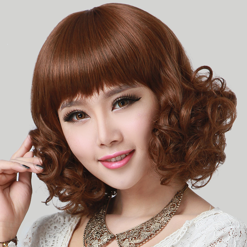 Wig for women with medium-long curly hair, Korean hairstyle, round face, bangs, pear head, full head, short hair style