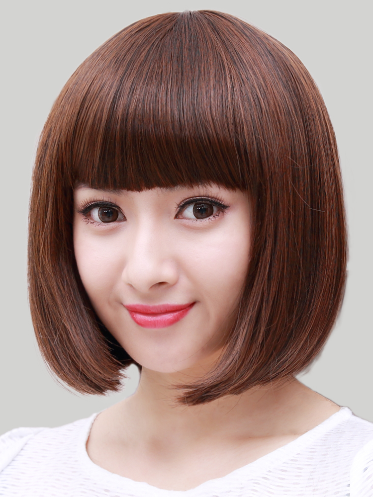 Wig female short hair bobo head buckle round face Medium long hair Bobo full head wig set real hair natural realistic