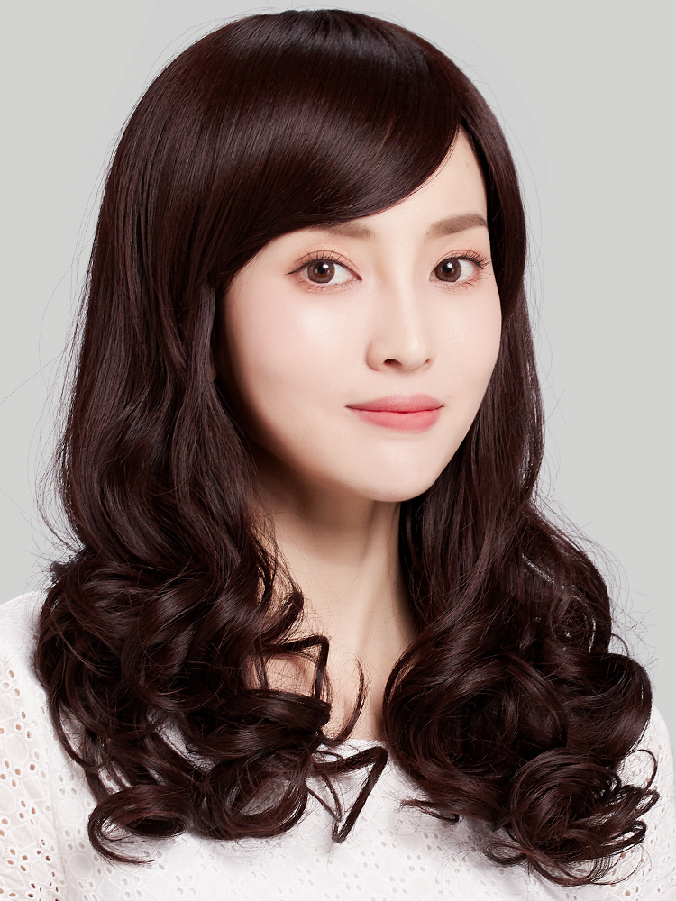 Wig female long hair Long curly hair big waves Medium long version hairstyle Full headgear oblique bangs natural fake hair wig set