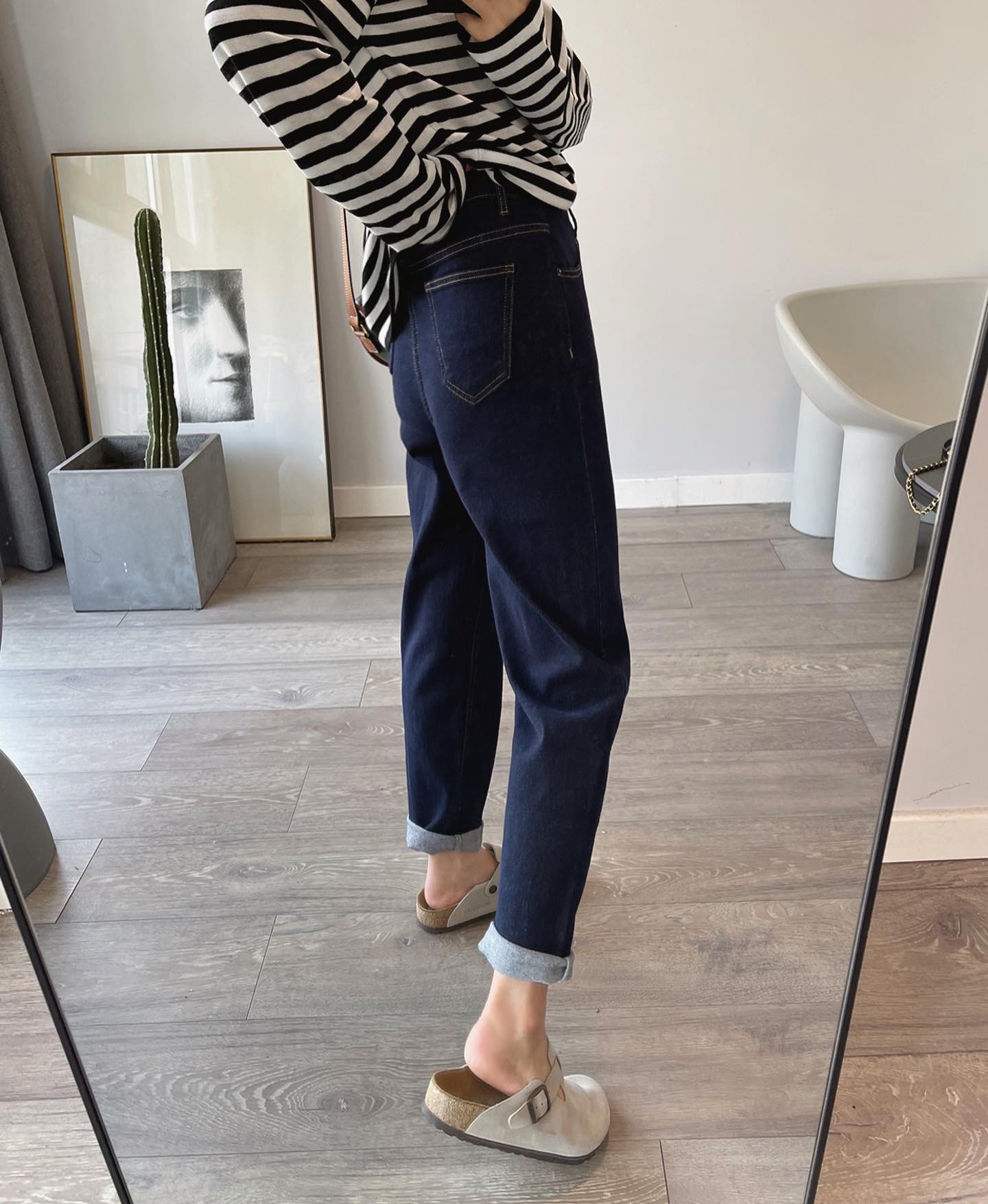 Quality denim fade-resistant dark blue jeans women's autumn thin high waist loose elastic narrow leg pants harem pants