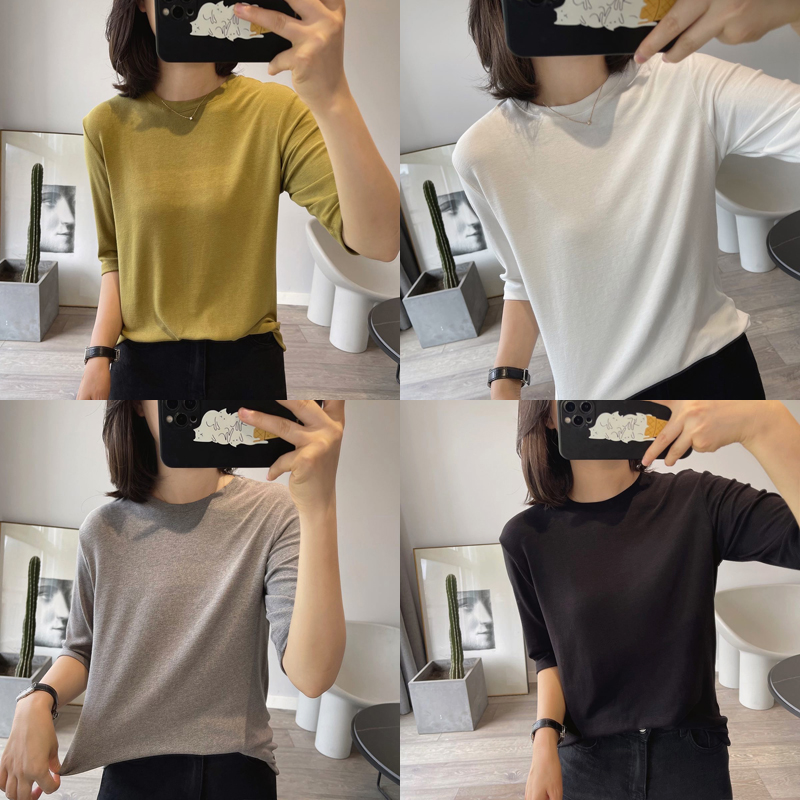 2 pieces per hand, autumn skin-friendly super soft waxy elastic loose half-sleeved t-shirt women's solid color five-quarter-sleeved bottoming shirt